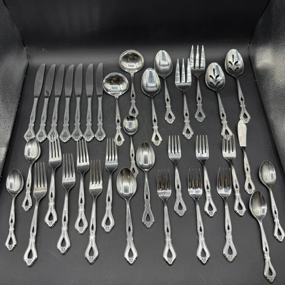 Vintage Rogers Autumn Ballad Flatware 33 Set Floral Stainless Steel Fork Serving
